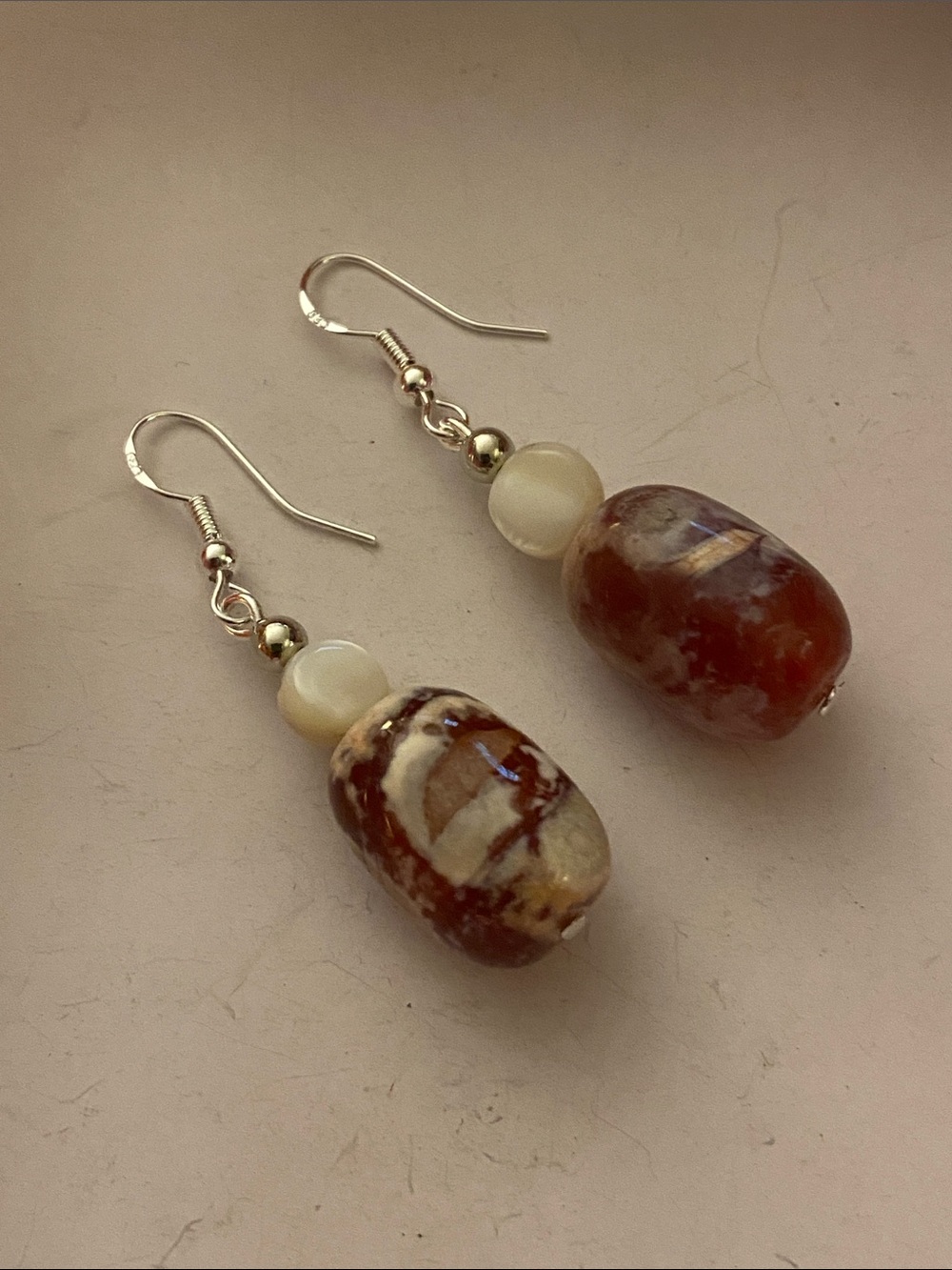 Good Vibes Only Rust Color and Cream Agate Drop Earrings with Pearl Accent